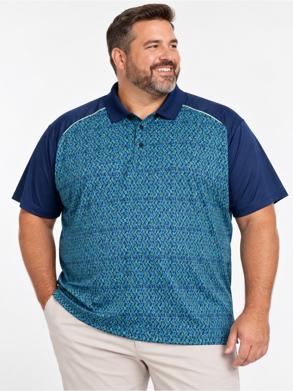 Greg Norman Polo Shirt Mens 4X B Play Dry Short Sleeve Stretch Geometric Blue